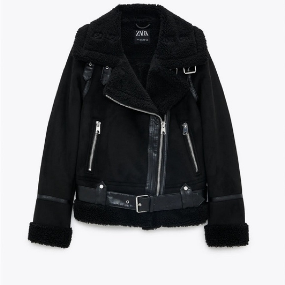 Zara Faux Suede Shearling Lined Moto Jacket Black Size Medium Blogger Fave
